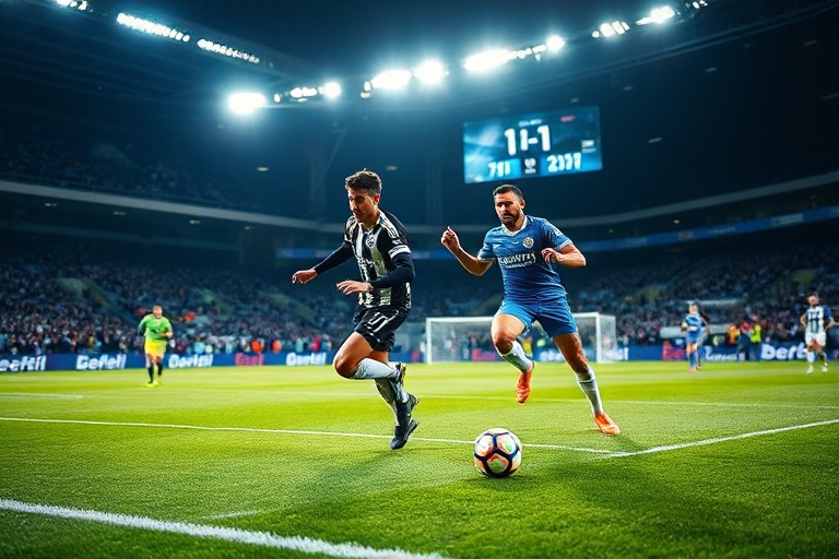 A focused mid-40s referee in a Premier League uniform standing on a pitch at Anfield or the Etihad, holding a whistle, with V