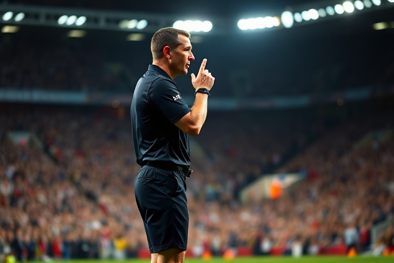 A focused mid-40s referee in a Premier League uniform standing on a pitch at Anfield or the Etihad, holding a whistle, with V