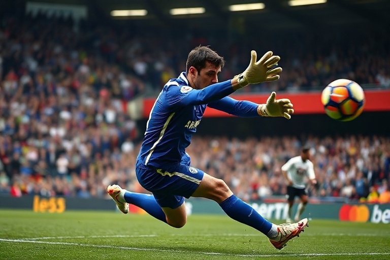 A dynamic action shot of Levi Colwill in a Chelsea kit, mid-defensive action during a Premier League match, with a blurred st