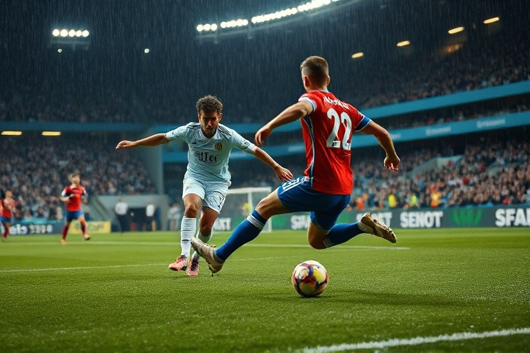 A dynamic action shot of Levi Colwill in a Chelsea kit, mid-defensive action during a Premier League match, with a blurred st
