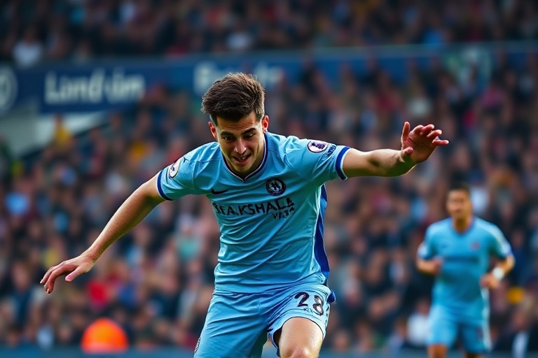 A dynamic action shot of Levi Colwill in a Chelsea kit, mid-defensive action during a Premier League match, with a blurred st