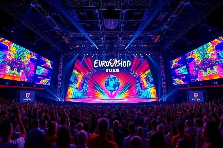 A vibrant stage set for Eurovision 2026, featuring a modern design with glowing lights, LED screens, and a diverse crowd of p