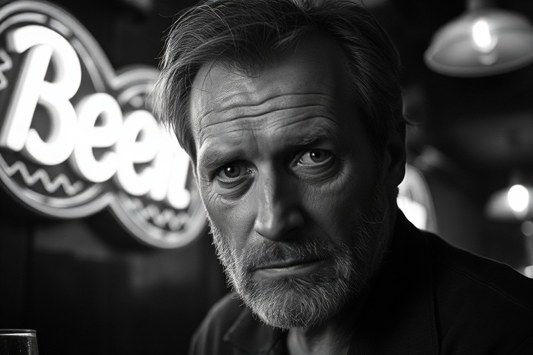 A cinematic portrait of Ed Harris in his prime, wearing a leather jacket and intense expression, standing in a dimly lit film