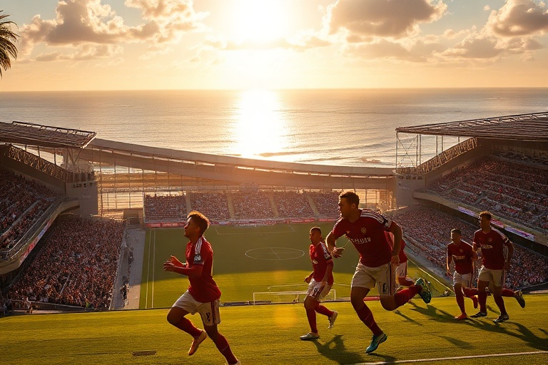 A detailed architectural rendering of the Emirates Stadium during evening hours, showing construction scaffolding and moderni