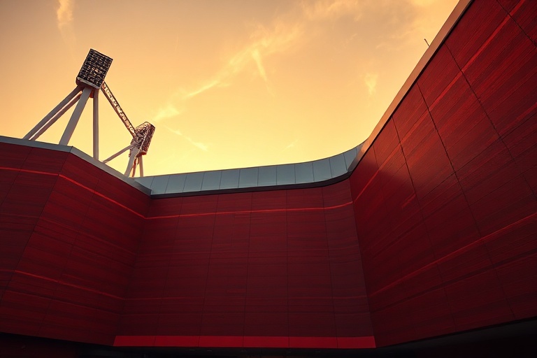 A detailed architectural rendering of the Emirates Stadium during evening hours, showing construction scaffolding and moderni