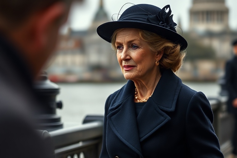 A portrait of Sophie, Duchess of Edinburgh, in a formal setting, wearing a modern yet regal outfit, with a backdrop that hint