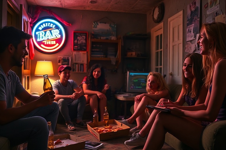 A dimly lit Toronto apartment shared by four students, with a map of the world on the wall, a laptop playing a protest livest