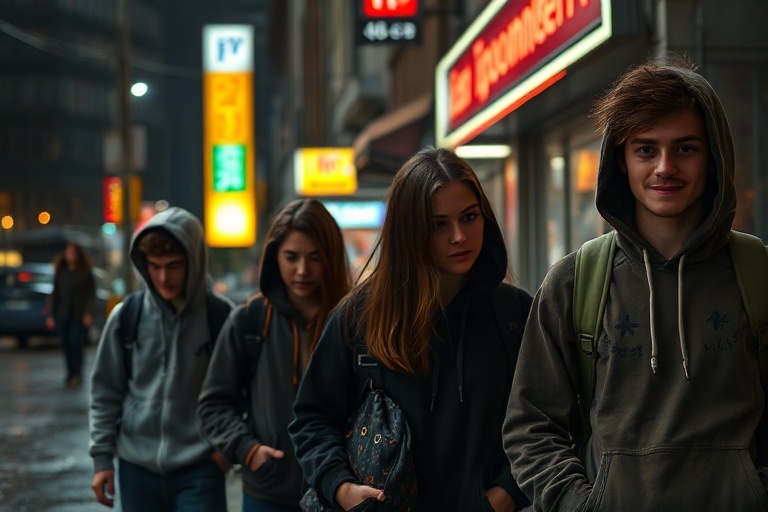 A vibrant, cinematic shot of a diverse group of college students walking through a sunlit campus courtyard, with modern dorms