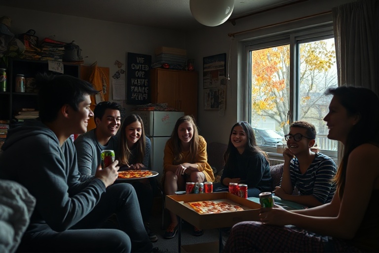 A vibrant, cinematic shot of a diverse group of college students walking through a sunlit campus courtyard, with modern dorms