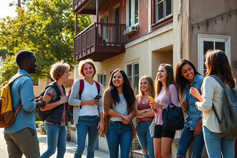 A lively dorm room scene with diverse students gathered around a table, laughing and debating. Warm lighting, colorful poster