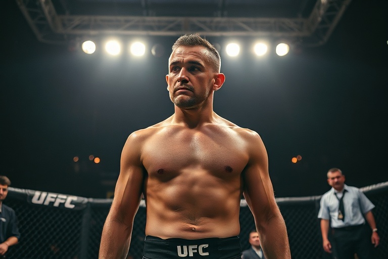Cain Velasquez in his prime, wearing a UFC championship belt, standing in the octagon with a determined expression. The image