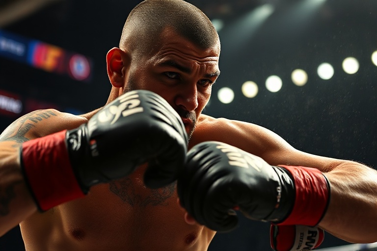 Cain Velasquez in his prime, wearing a UFC championship belt, standing in the octagon with a determined expression. The image