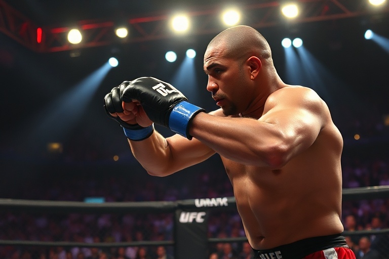 Cain Velasquez in his prime, wearing a UFC championship belt, standing in the octagon with a determined expression. The image