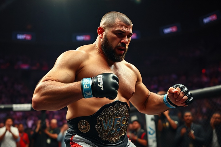 Cain Velasquez in his prime, wearing a UFC championship belt, standing in the octagon with a determined expression. The image