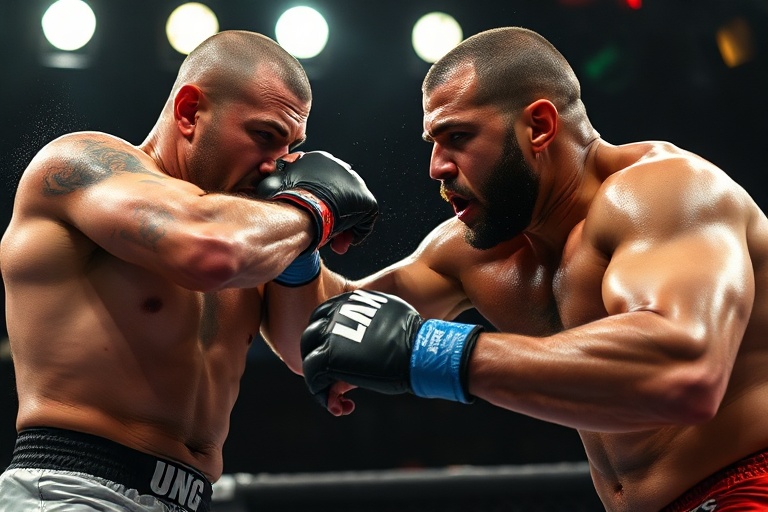 Cain Velasquez mid-fight in the UFC octagon, wearing his black and gold gloves, with a focused expression and sweat visible,