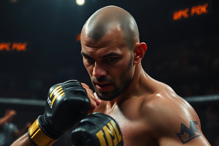 Cain Velasquez mid-fight in the UFC octagon, wearing his black and gold gloves, with a focused expression and sweat visible,