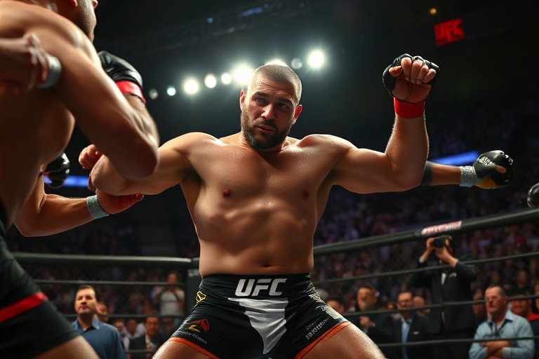 Cain Velasquez mid-fight in the UFC octagon, wearing his black and gold gloves, with a focused expression and sweat visible,