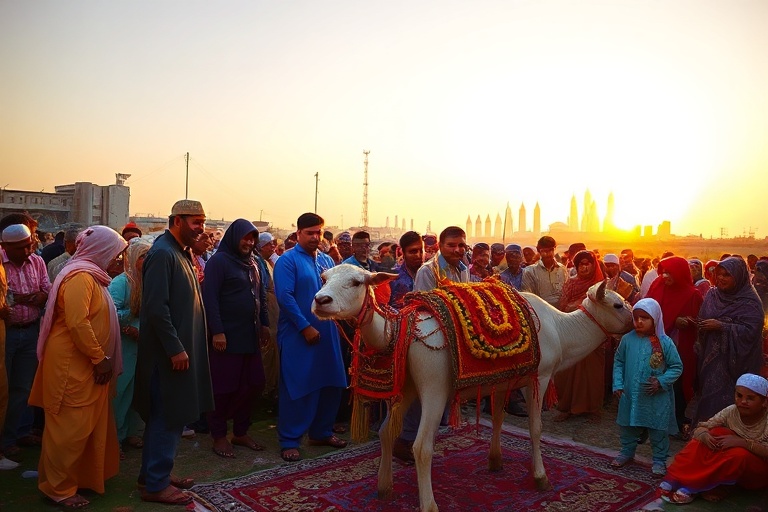 A vibrant outdoor Eid al-Adha celebration with families dressed in traditional attire, a sacrificial animal in the background