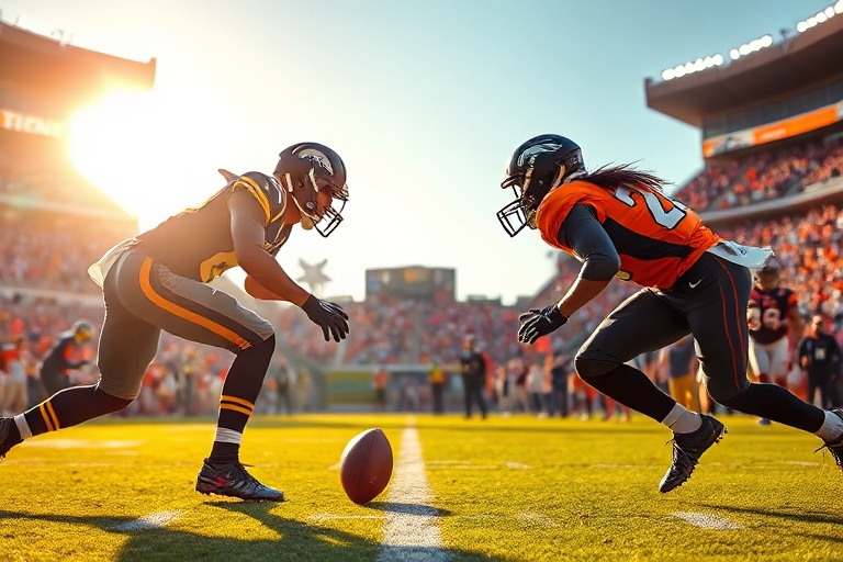 A split-image scene showing a football match with a VAR monitor in the background. On one side, a clear penalty box incident