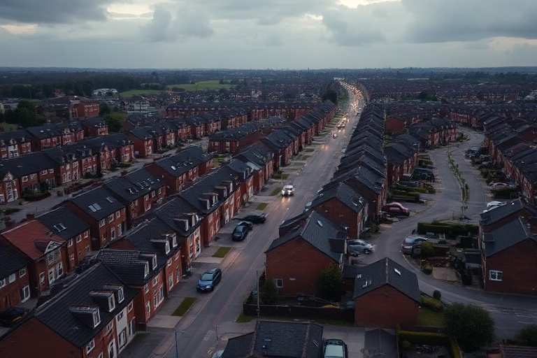 Aerial view of a modern mixed-use housing estate featuring green spaces, diverse housing styles, and communal areas under a b