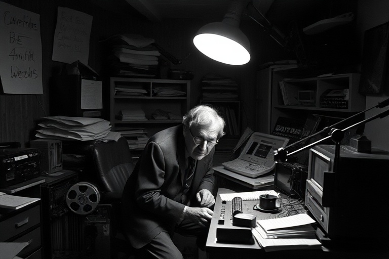 A cinematic portrait of Ken Loach in his 80s, sitting in a dimly lit editing suite surrounded by film reels and notebooks, wi