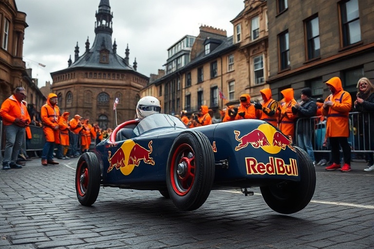 A vibrant street scene during the Red Bull Soapbox Race in Belfast, featuring colorful, gravity-powered racers, cheering spec