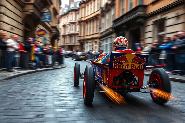 A vibrant scene of the Red Bull Soapbox Race in Belfast, featuring homemade vehicles racing downhill, spectators cheering, an