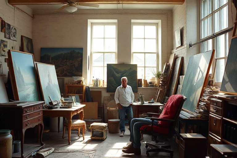 A well-lit studio shot of Robin Roefs surrounded by his clothing designs, featuring neutral tones, clean lines, and subtle de