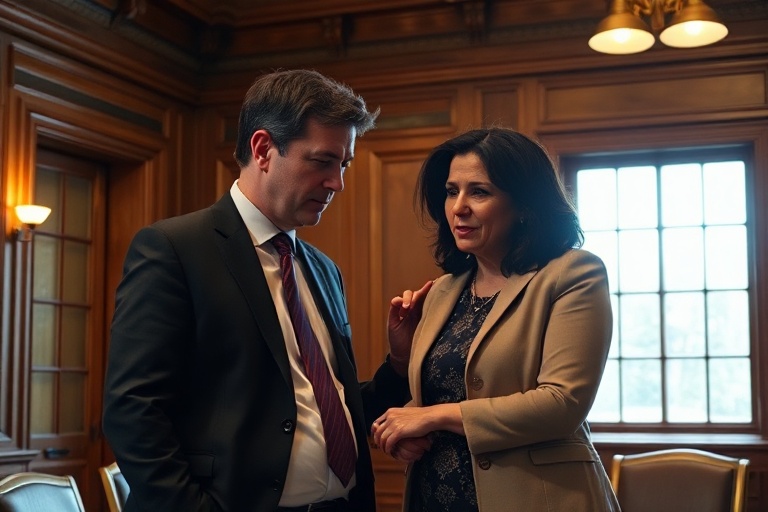 A split-image design: on the left, Lisa Nandy speaking at a podium with a Labour Party backdrop; on the right, Keir Starmer i