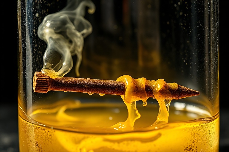 A close-up shot of concentrated sulfuric acid in a glass beaker, showing its thick, oily texture and slight yellow tint. The