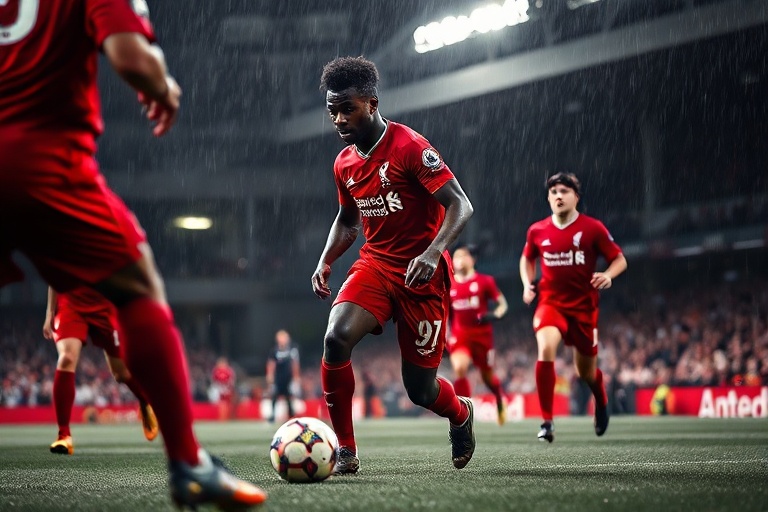 A dynamic action shot of Neco Williams in a Nottingham Forest kit, sprinting down the right flank with the ball at his feet d