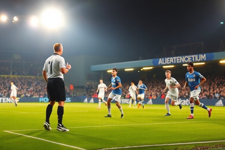 A vibrant football stadium filled with young players in training gear, set against a backdrop of Amsterdam’s skyline with ico