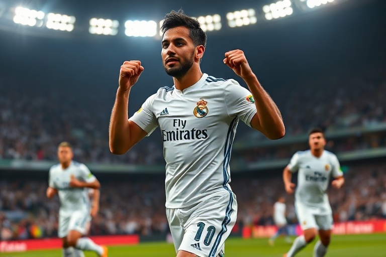 A split-image visual: on the left, Casemiro in a Real Madrid kit lifting the Champions League trophy; on the right, him in a