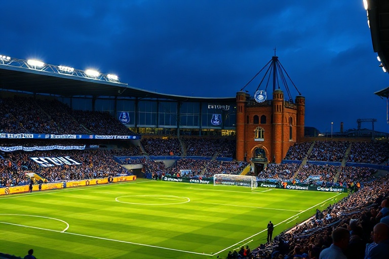 A vibrant football stadium filled with young players in training gear, set against a backdrop of Amsterdam’s skyline with ico