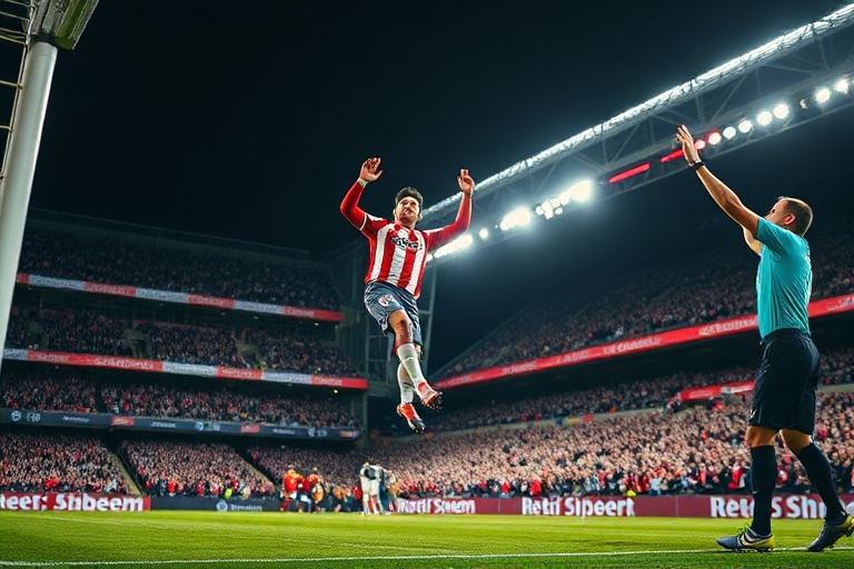 A vibrant football stadium filled with young players in training gear, set against a backdrop of Amsterdam’s skyline with ico