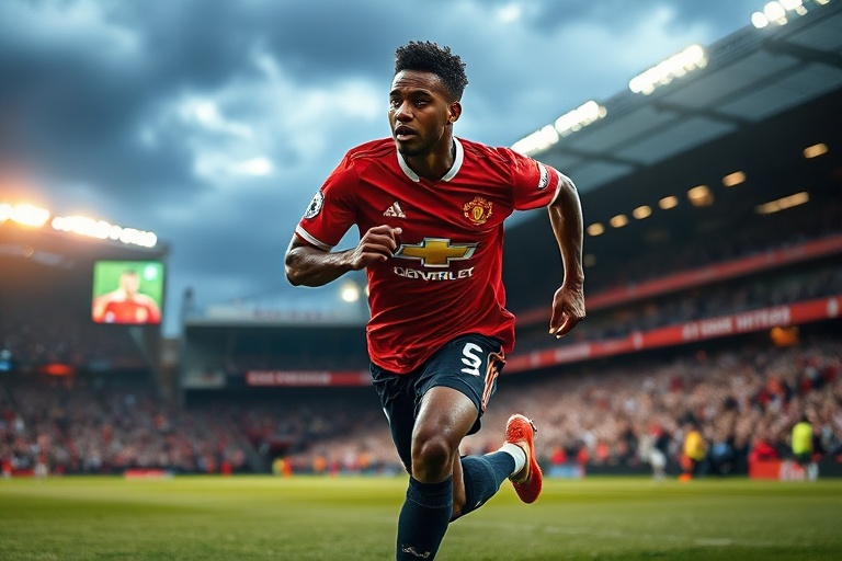 A dynamic action shot of Tyrell Malacia in a Manchester United kit, running with the ball during a Premier League match at Ol