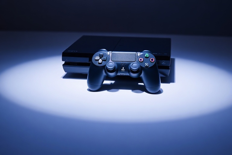 A collage-style image featuring a PlayStation DualSense controller in the foreground, with iconic game characters like Kratos