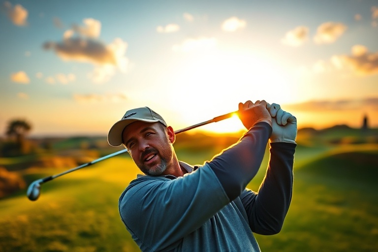 A focused action shot of Nick Taylor mid-swing on a sunlit golf course, wearing a blue cap and white shirt, with a crowd blur