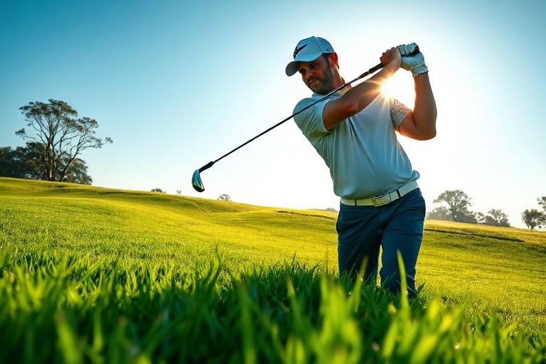 A focused action shot of Nick Taylor mid-swing on a sunlit golf course, wearing a blue cap and white shirt, with a crowd blur