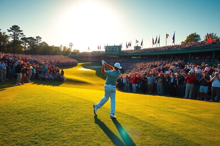 A focused action shot of Nick Taylor mid-swing on a sunlit golf course, wearing a blue cap and white shirt, with a crowd blur