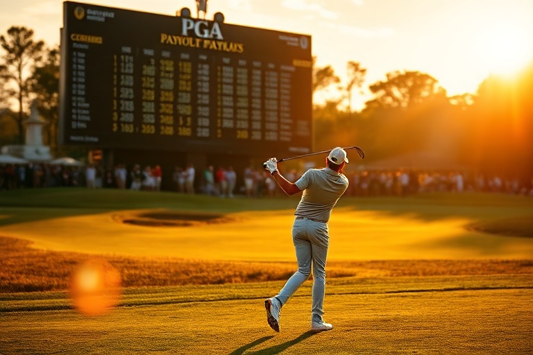 A focused action shot of Nick Taylor mid-swing on a sunlit golf course, wearing a blue cap and white shirt, with a crowd blur
