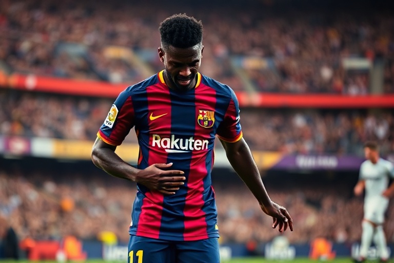 A tense moment on the field: Ousmane Dembélé grimacing in pain as medical staff attend to him during a Barcelona match, with