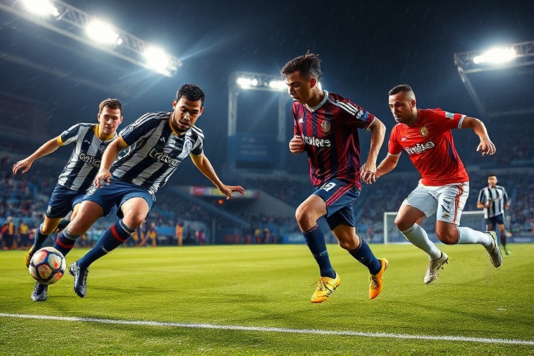 A dynamic action shot of Ousmane Dembélé in a Barcelona jersey, mid-dribble on the pitch, with a concerned medical team in th