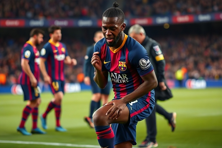 A dynamic action shot of Ousmane Dembélé in a Barcelona jersey, mid-dribble on the pitch, with a concerned medical team in th