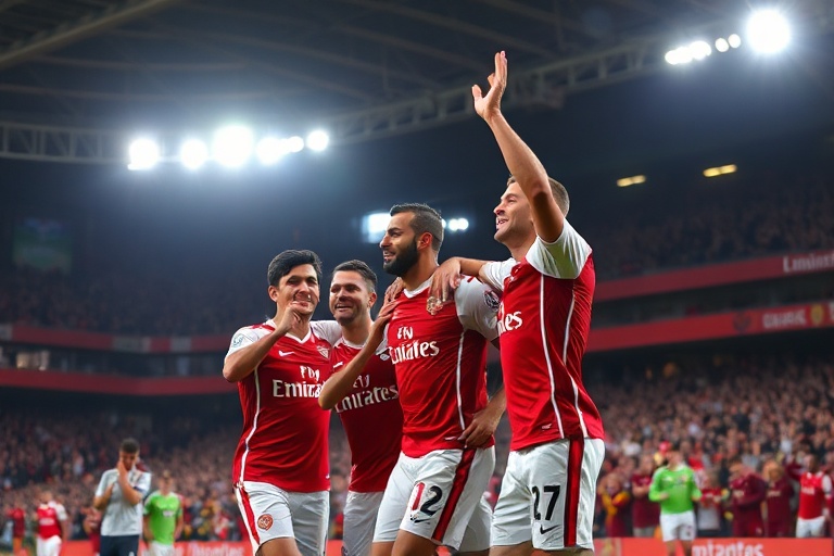 A dynamic action shot of Arsenal players celebrating a goal at the Emirates Stadium, with Burnley players in the background l