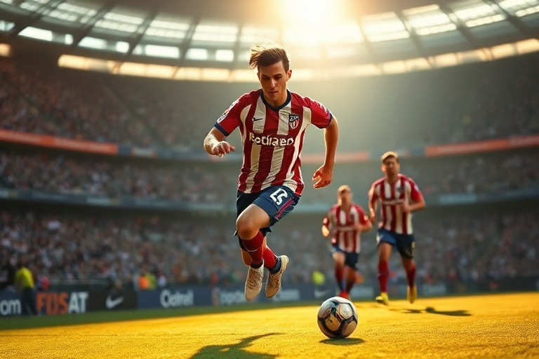 A dynamic action shot of Antoine Griezmann in a France jersey, mid-dribble against a blurred defender, set in a packed stadiu