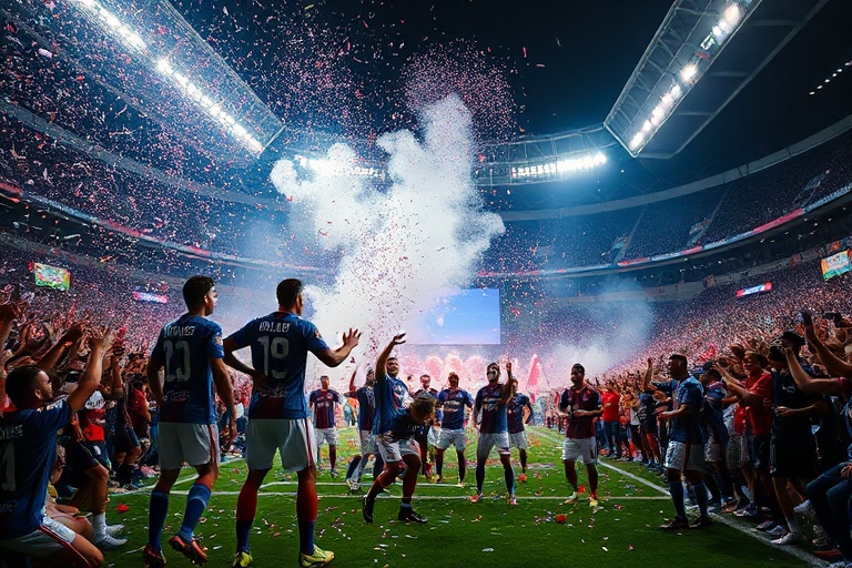 A dynamic action shot of Antoine Griezmann in Atlético Madrid colors, mid-dribble on a rain-soaked pitch, wearing the number
