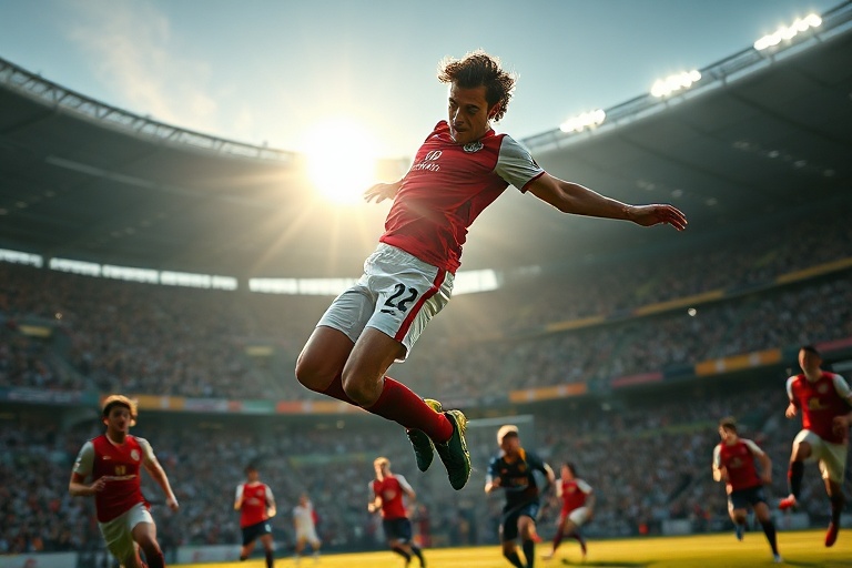 A dynamic action shot of Antoine Griezmann in Atlético Madrid colors, mid-dribble on a rain-soaked pitch, wearing the number