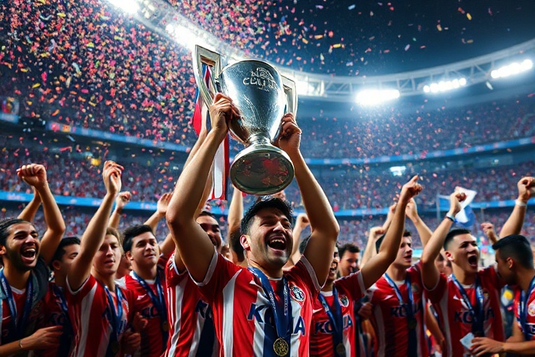 A dynamic action shot of Antoine Griezmann in Atlético Madrid colors, mid-dribble on a rain-soaked pitch, wearing the number