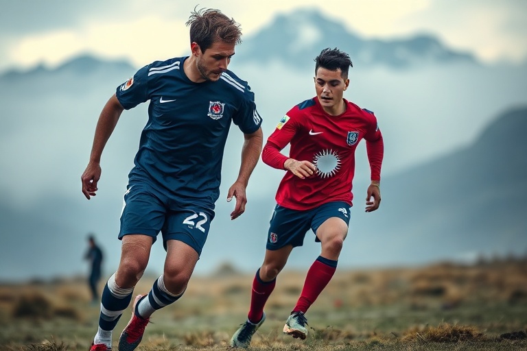 A dynamic action shot of Antoine Griezmann in Atlético Madrid colors, mid-dribble on a rain-soaked pitch, wearing the number